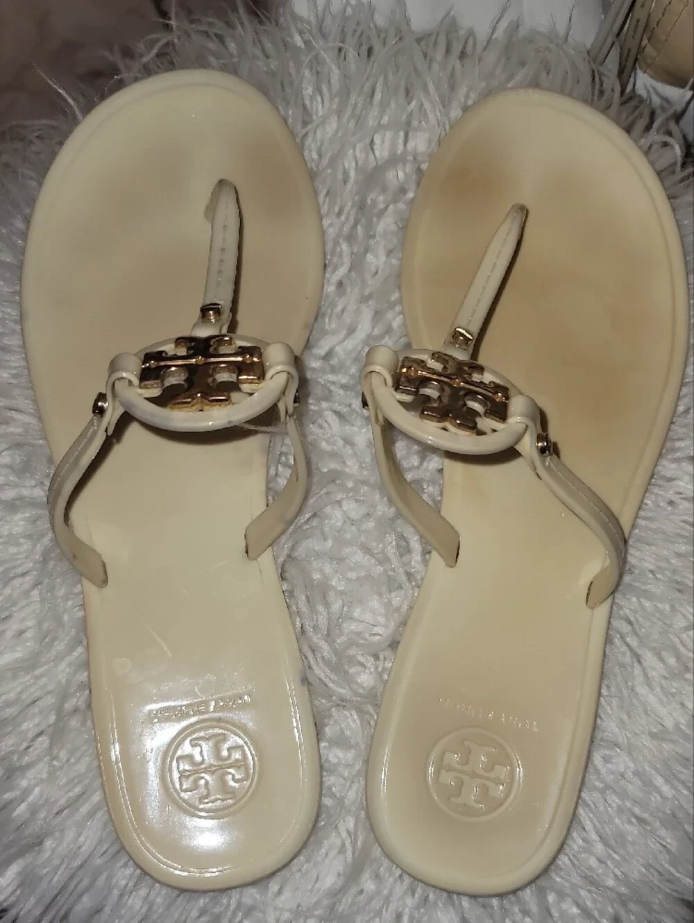 Tory Burch Ivory Logo T-Strap Jelly Sandals with Gold Accent